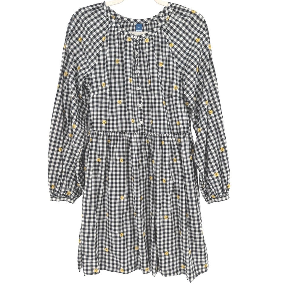 Old Navy Gingham Check Daisy Embroidered Dress S Black Boho Cottage Prairie Chic